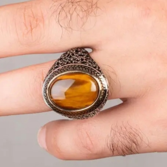 MENS FASHION NEW SIZE 9 CLASSIC STRIPED TIGER EYE  SILVER RING - Picture 5 of 5